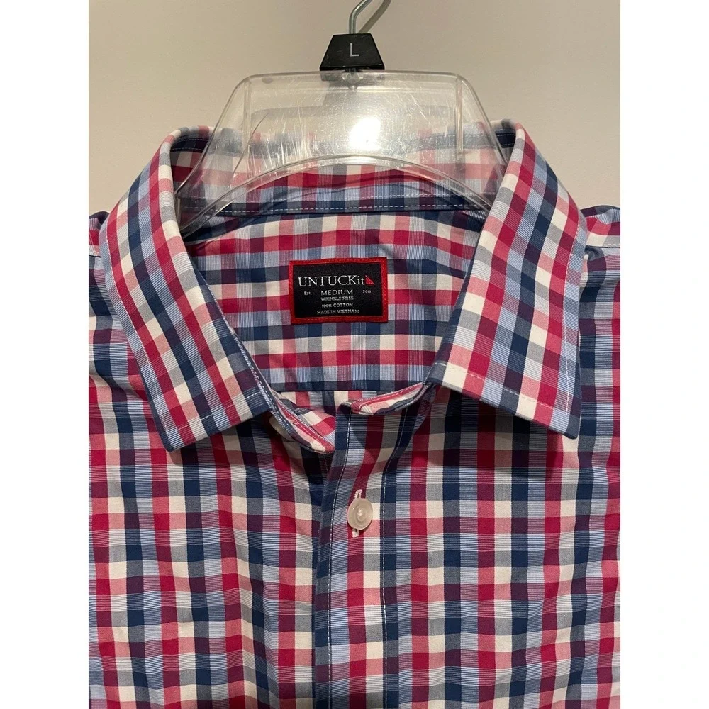 UNTUCKit Mens Medium Wrinkle Free Gingham Long Sleeve Button Down Shirt Red